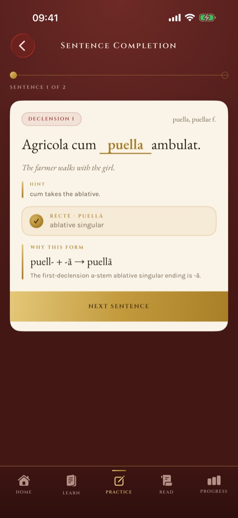 Sentence completion: a Latin sentence with one form supplied and graded.