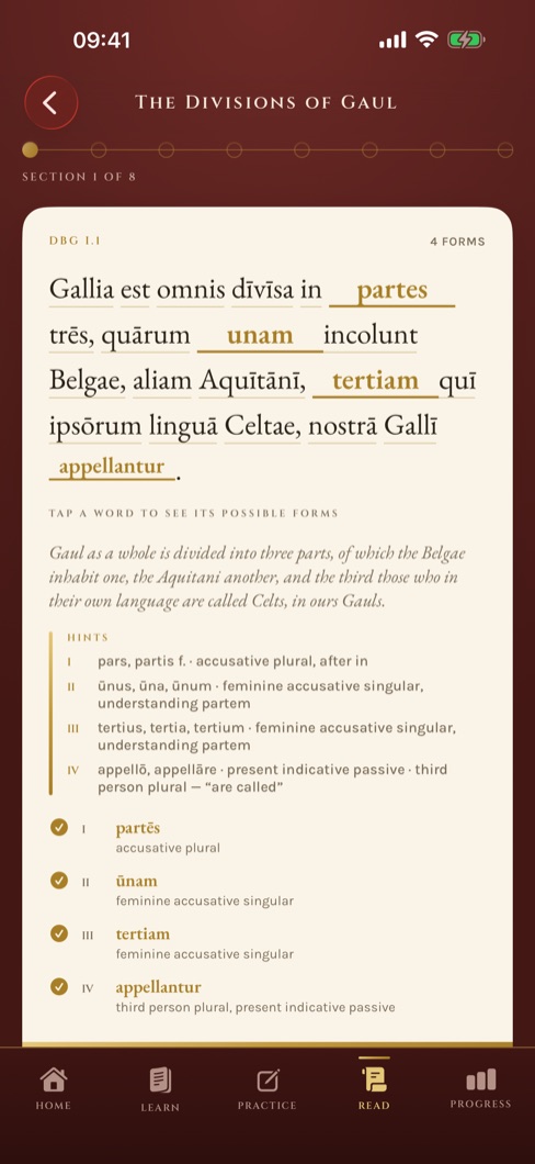 Lectiō: the opening of De Bello Gallico I.1 with four words supplied and graded, hints beneath.