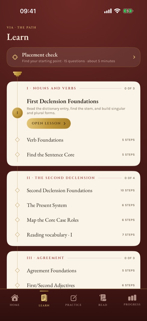 The Learn tab: the Via, a path of guided lessons with a placement check at the top.