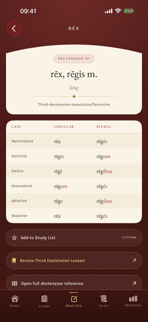 The library entry for rex, regis with its complete declension table.