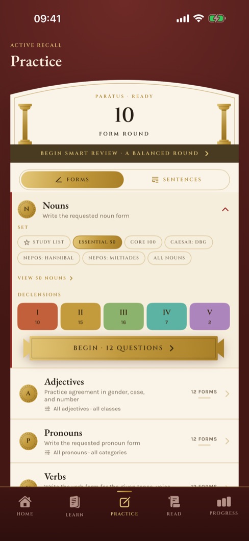 The Practice tab: forms or sentences, a word list, and the declensions to draw from.