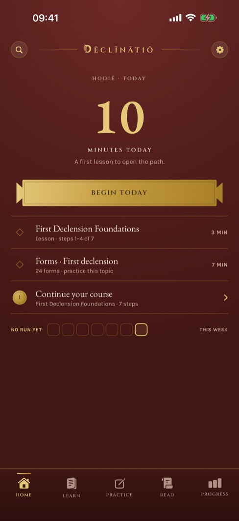 The home screen: today's ten-minute goal and the lesson and round that fill it.