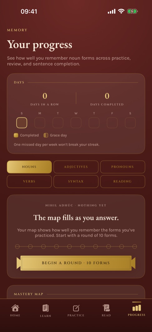 The progress map showing mastery of each form.